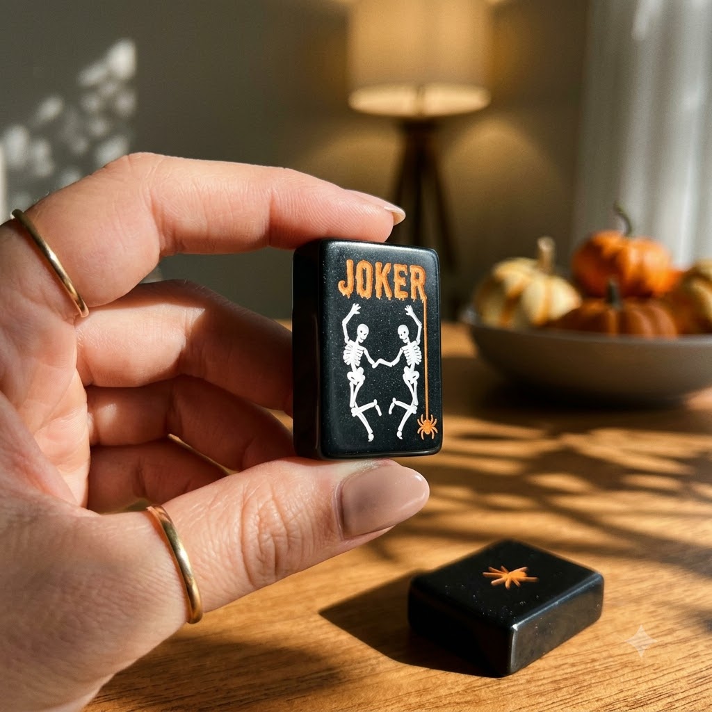 A Joker tile held in a woman's hand