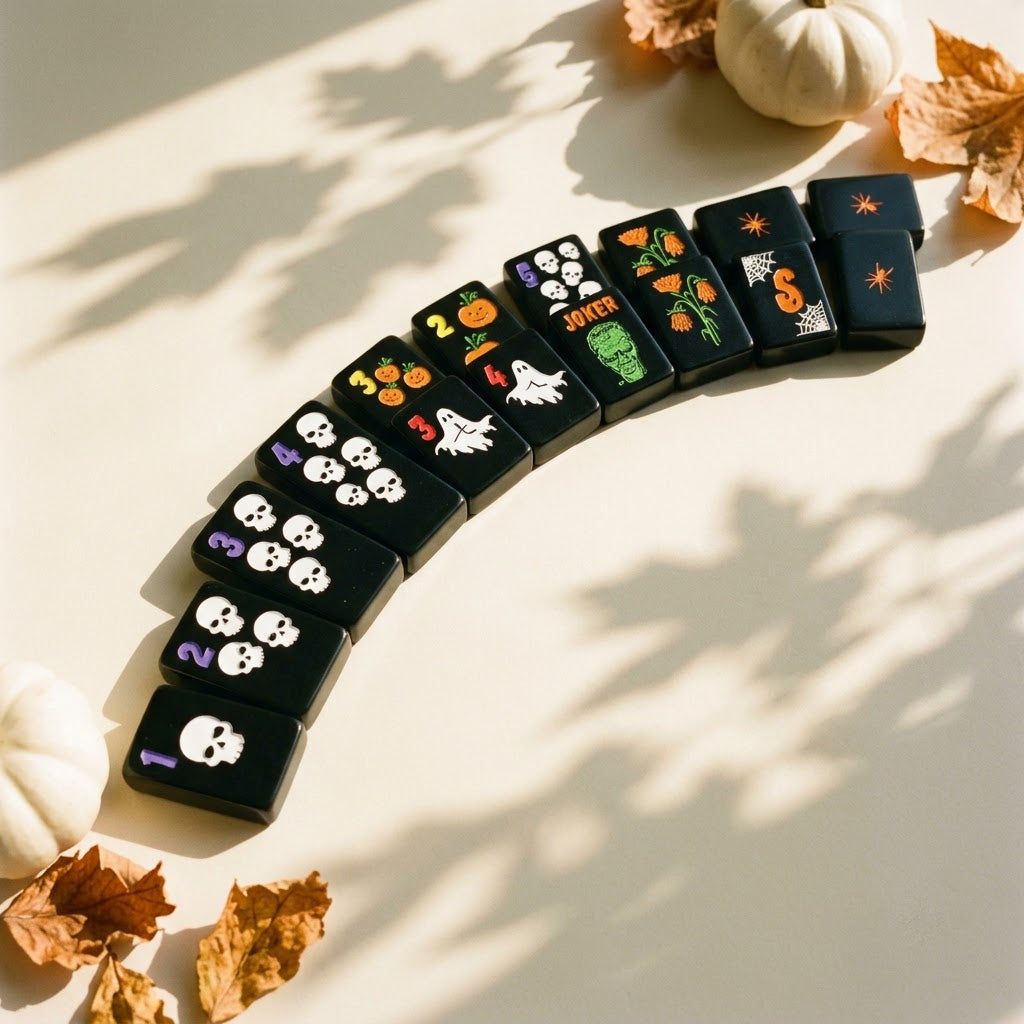 Black mahjong tiles fanned in an arc among autumn leaves