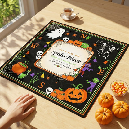 Spider Web Halloween mahjong mat with mini pumpkins and candy corn