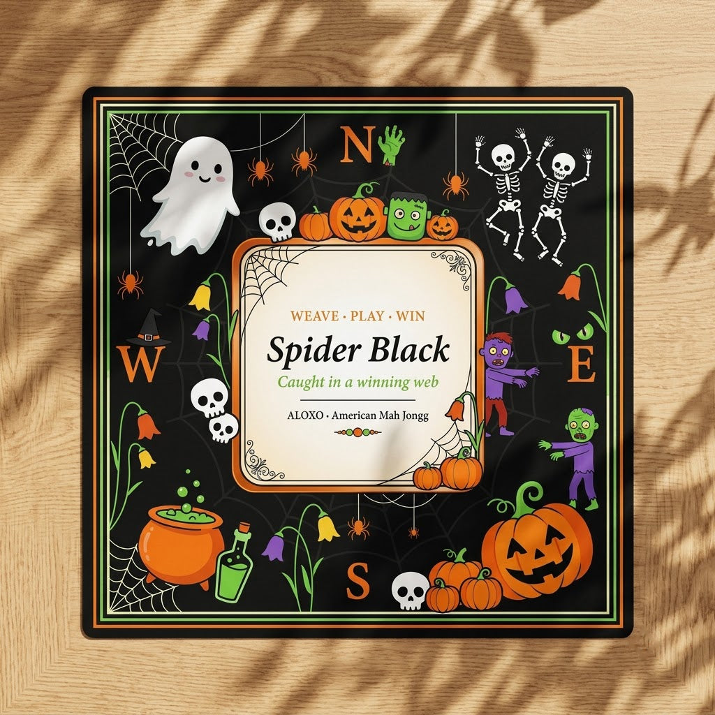 Spider Web Halloween mahjong mat laid out on a wooden table