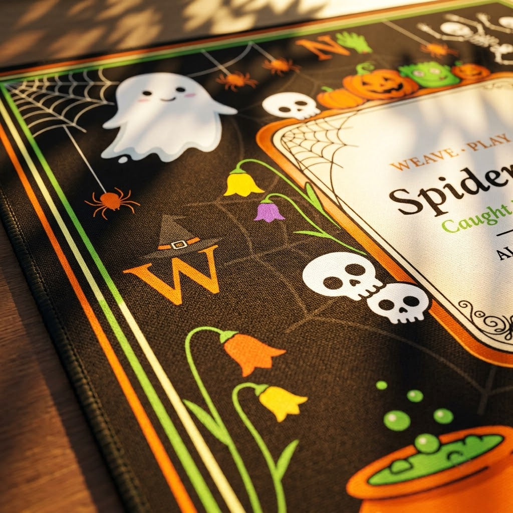 Close-up of the printed artwork on the Spider Web Halloween mahjong mat