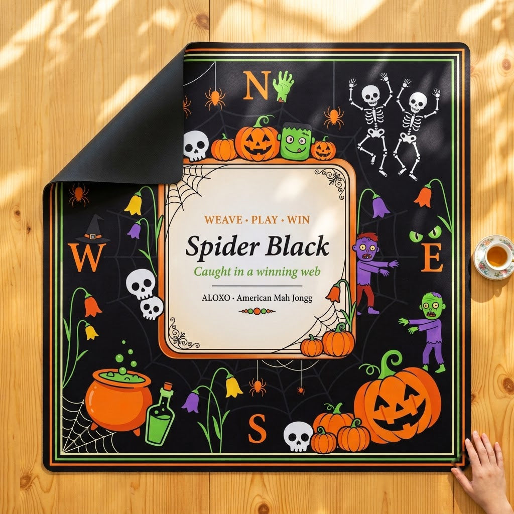 Spider Web Halloween mahjong mat with one corner folded back to show the black rubber underside