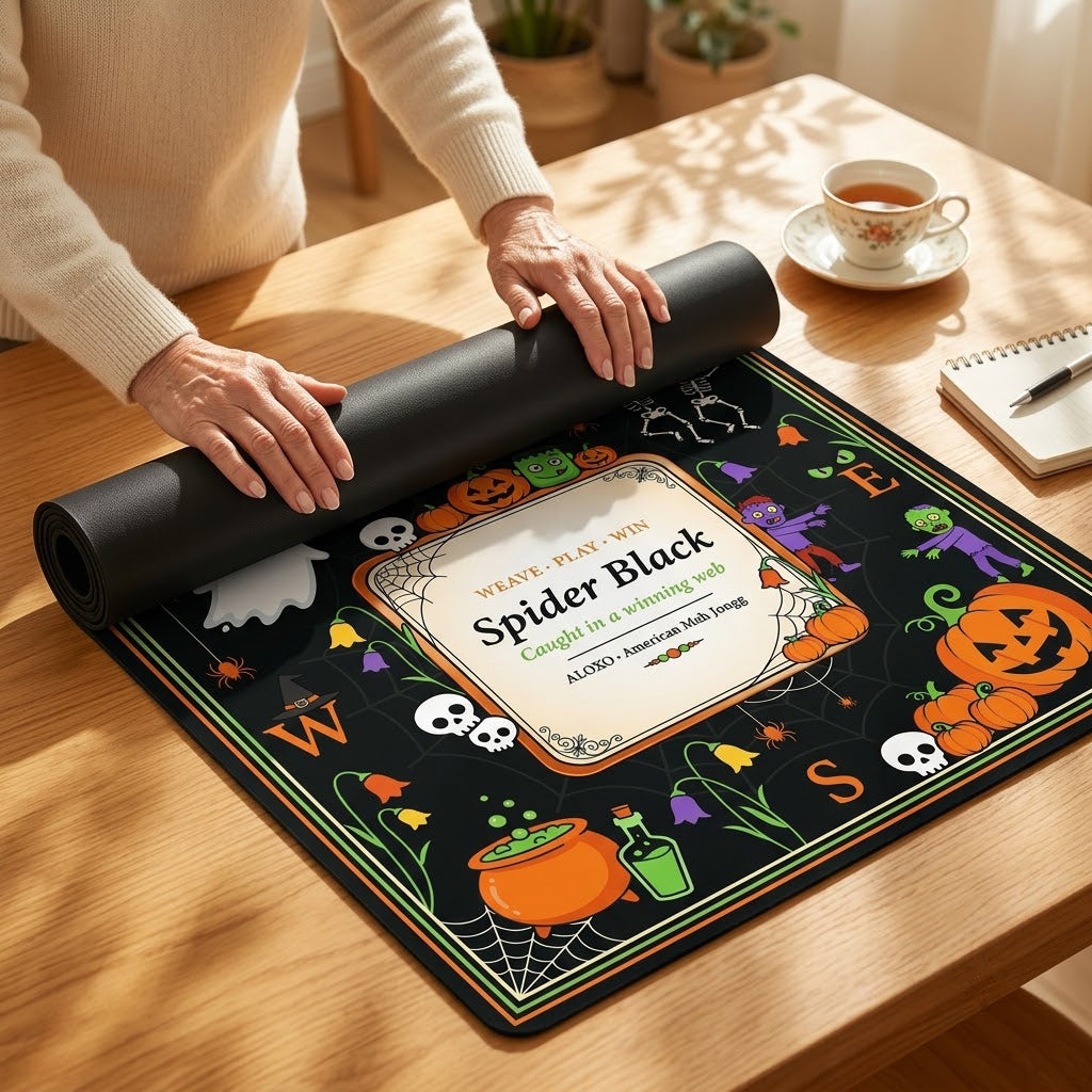 Hands unrolling the Spider Web Halloween mahjong mat across a table