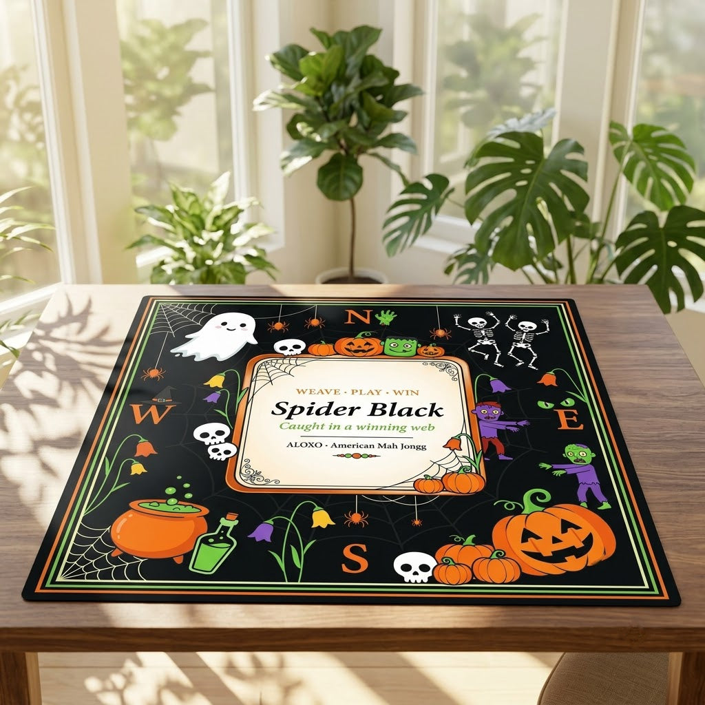 Spider Web Halloween mahjong mat on a table in a bright sunroom