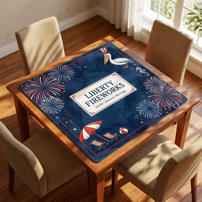 Starlit Liberty Fireworks mahjong mat on a card table with four chairs in a living room