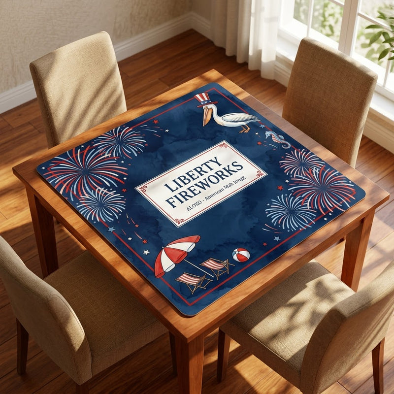 Starlit Liberty Fireworks mahjong mat on a card table with four chairs in a living room