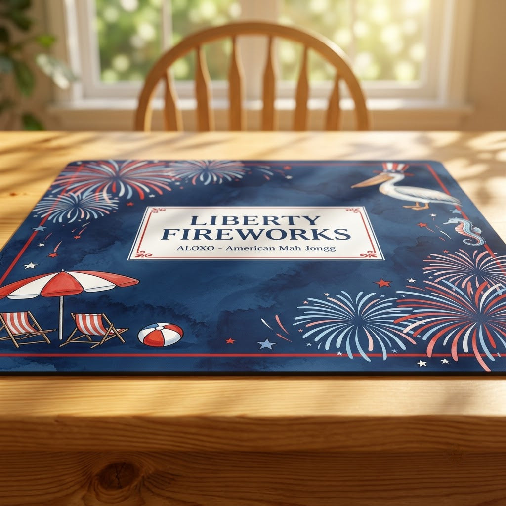 Low-angle view of the Starlit Liberty Fireworks mahjong mat lying flat on a table