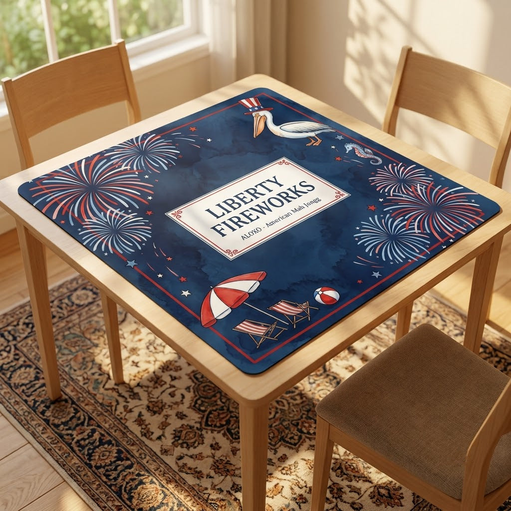 Starlit Liberty Fireworks mahjong mat covering a square card table, angled view