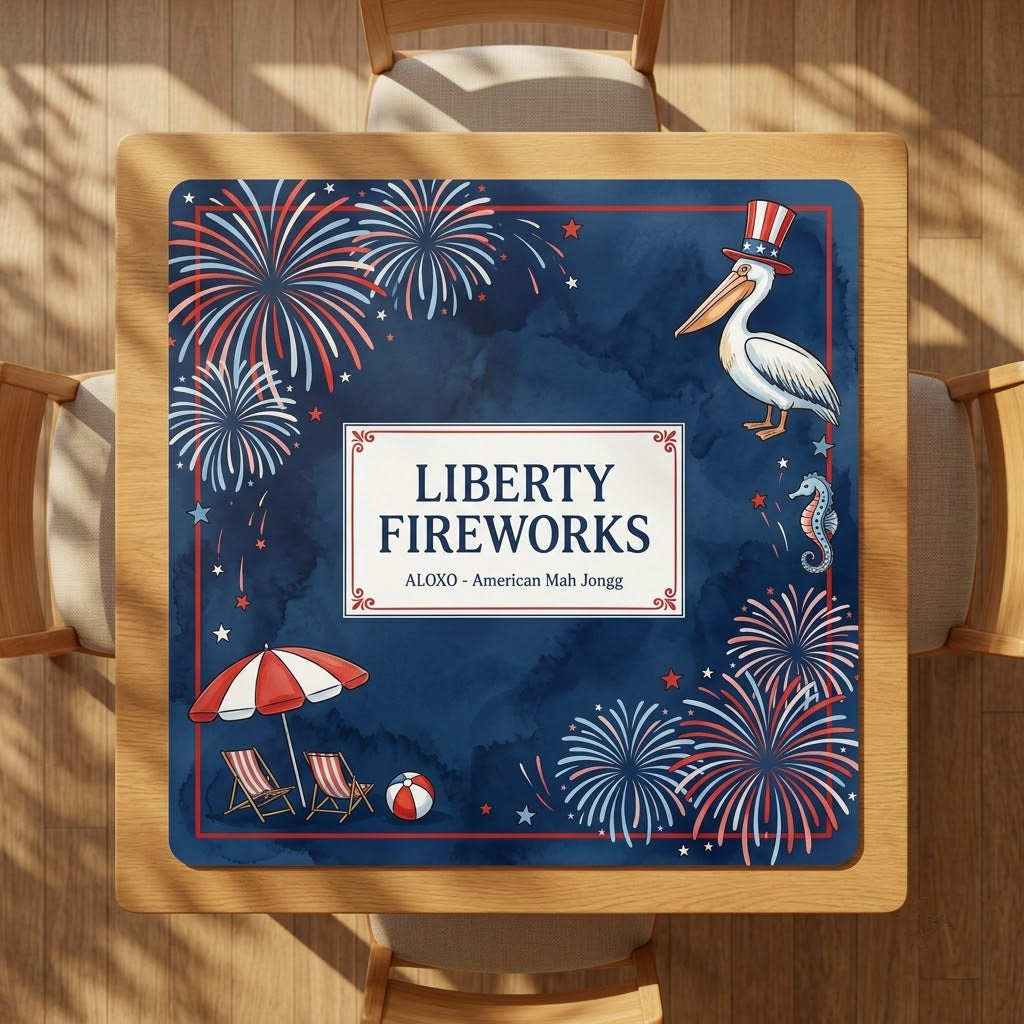Starlit Liberty Fireworks mahjong mat on a square card table with four chairs, seen from above