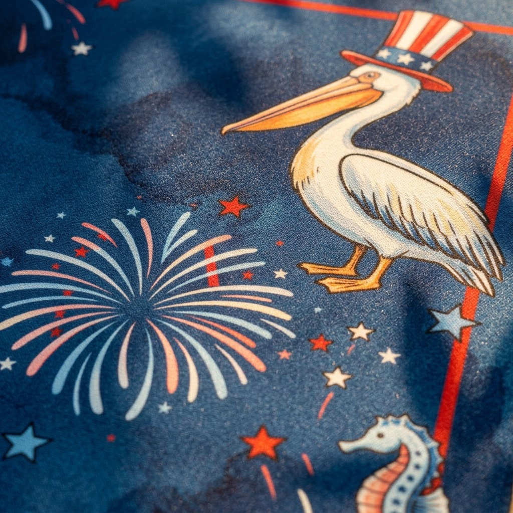 Close-up of the printed artwork on the Starlit Liberty Fireworks mahjong mat