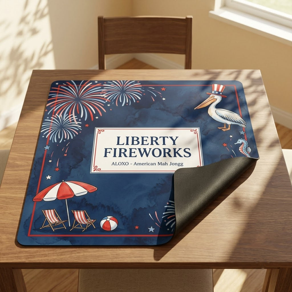 Starlit Liberty Fireworks mahjong mat with one corner folded back to show the black rubber underside