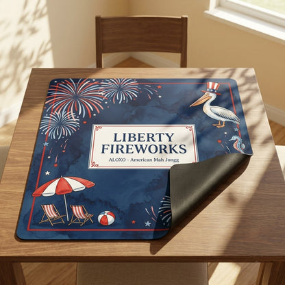 Starlit Liberty Fireworks mahjong mat with one corner folded back to show the black rubber underside