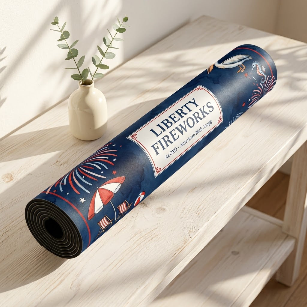 Starlit Liberty Fireworks mahjong mat rolled up on a console table