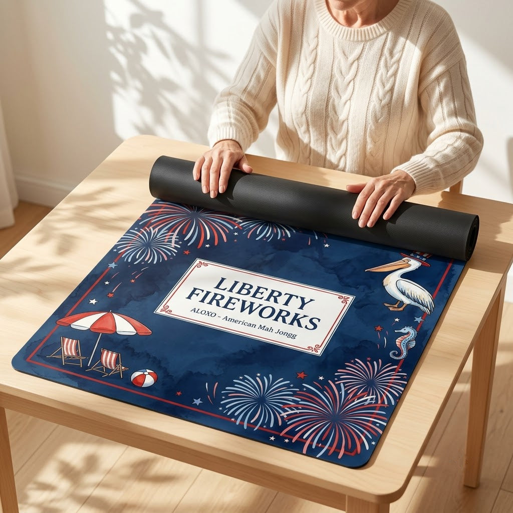 Woman unrolling the Starlit Liberty Fireworks mahjong mat across a card table
