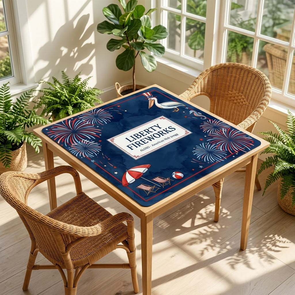 Starlit Liberty Fireworks mahjong mat on a card table in a sunroom with wicker chairs