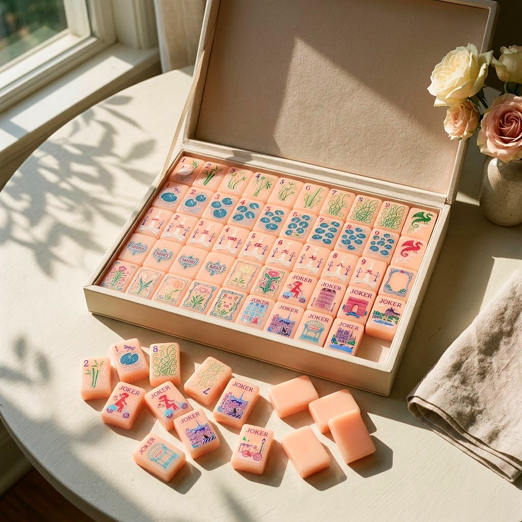 Strawberry Paris mahjong set in its open storage case beside roses