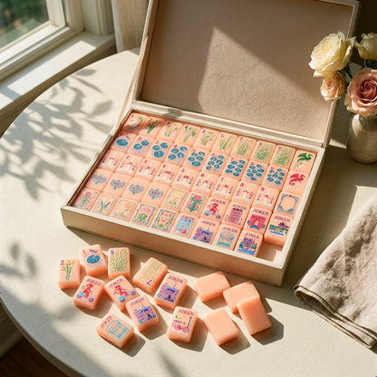 Strawberry Paris mahjong set in its open storage case beside roses