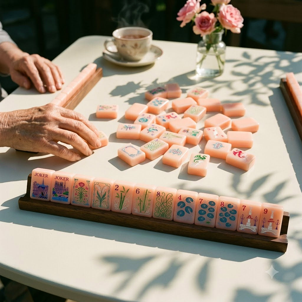 American mahjong game in progress with tiles racked and a cup of tea