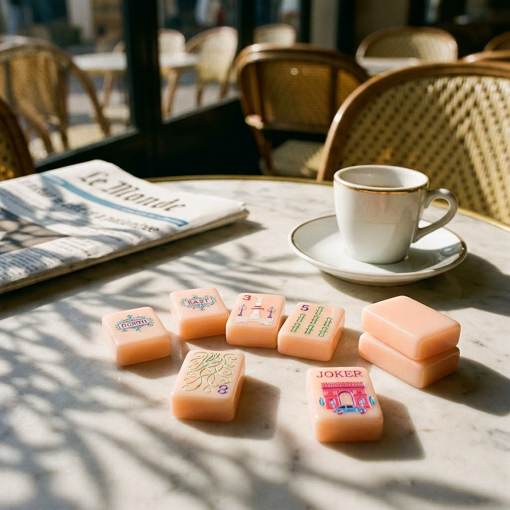 Mahjong tiles on a marble cafe table with an espresso and newspaper
