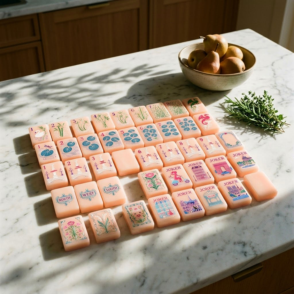 Strawberry Paris tiles spread across a marble kitchen island