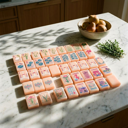 Strawberry Paris tiles spread across a marble kitchen island