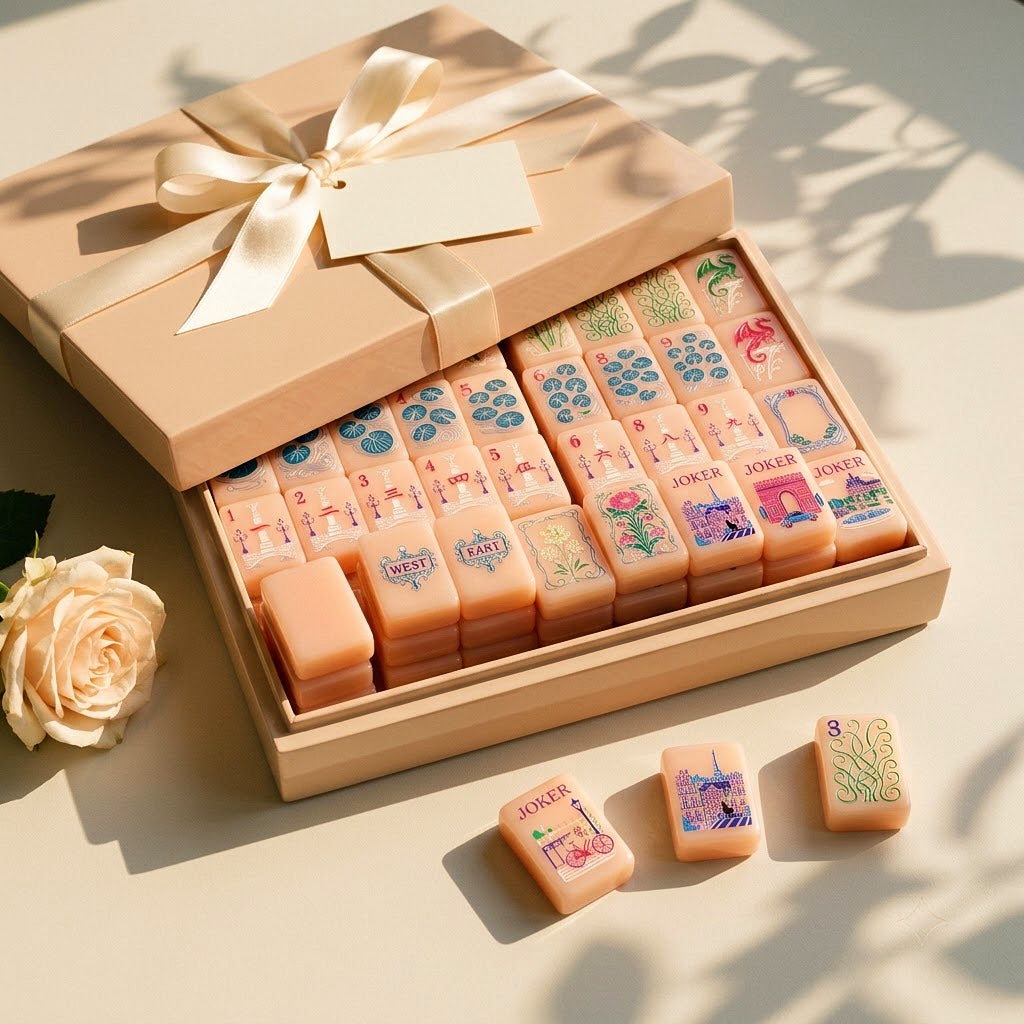 Strawberry Paris mahjong set in a gift box tied with a silk ribbon