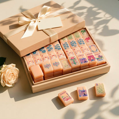 Strawberry Paris mahjong set in a gift box tied with a silk ribbon
