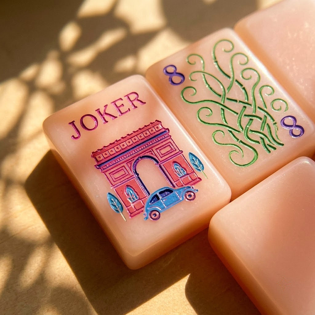 Macro of the Arc de Triomphe Joker tile beside an Art Nouveau bam tile