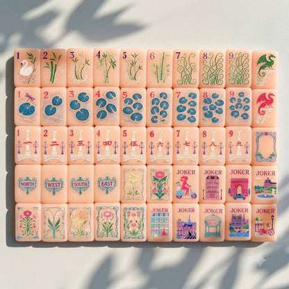 Full Strawberry Paris tile chart — dots, bams, craks, winds, dragons, flowers and Jokers