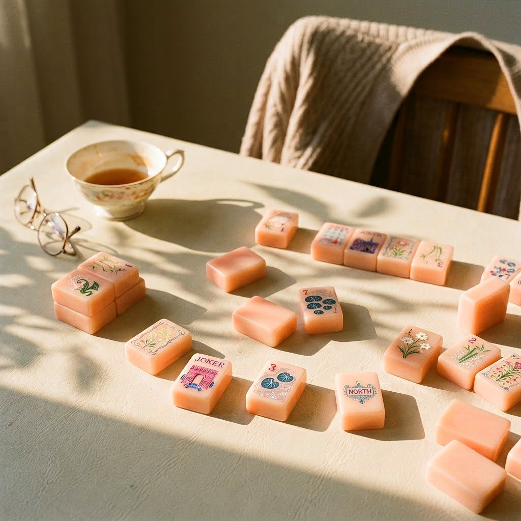 Tiles left on the table at the end of a game with tea and reading glasses
