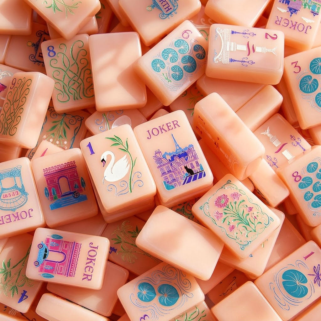 Close-up pile of strawberry-pink mahjong tiles showing faces, edges and backs