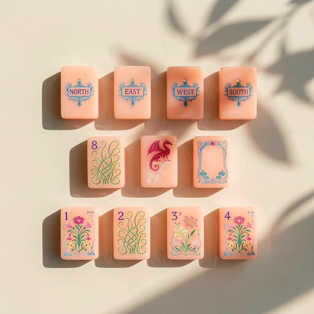 Wind tiles, dragon tiles and the Art Nouveau frame tile laid out in rows