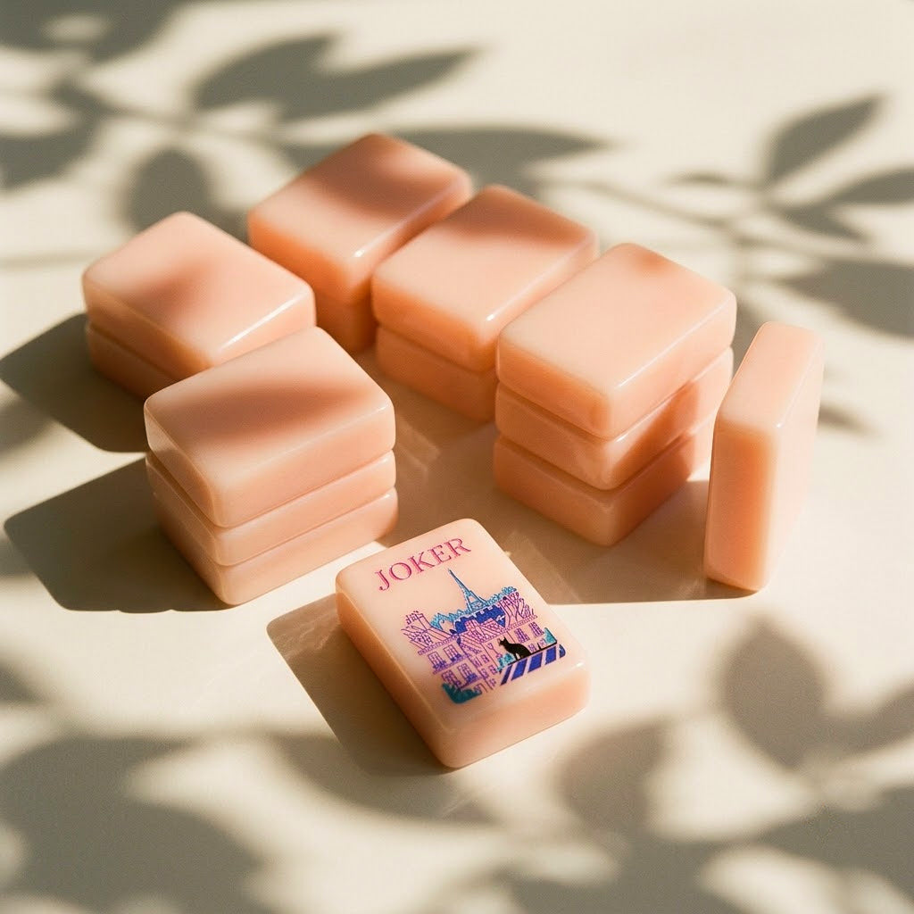 Stacks of strawberry-pink mahjong tiles showing thickness and polished edges