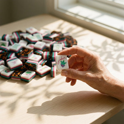 Hand lifting a Stripe and Tortoise mahjong tile from the pile