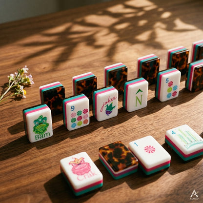 Stripe and Tortoise mahjong tiles in a ready-to-play rack line