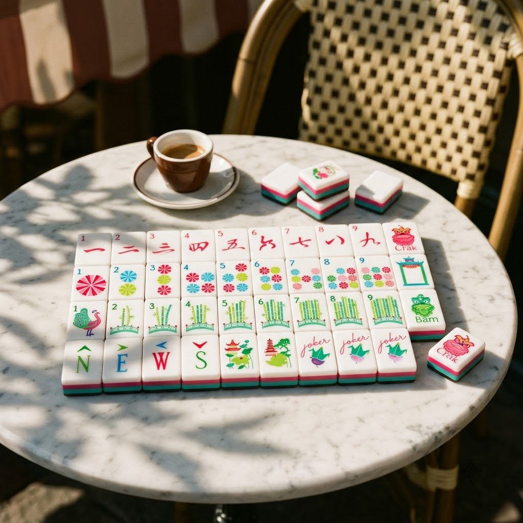 Stripe and Tortoise mahjong tiles on a marble cafe table