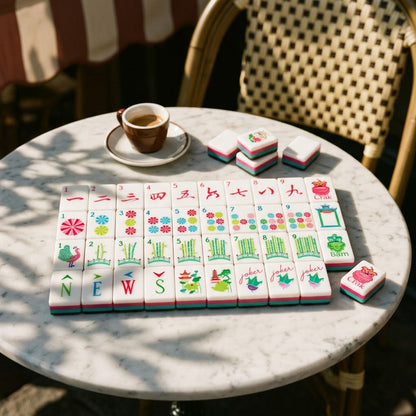 Stripe and Tortoise mahjong tiles on a marble cafe table