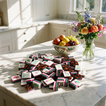 Stripe and Tortoise mahjong tiles on a bright kitchen island