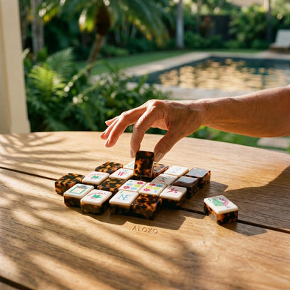 Mature woman's hand placing a Stripe and Tortoise mahjong tile poolside