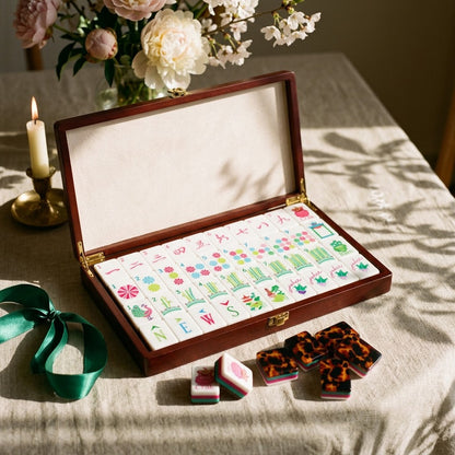 Complete Stripe and Tortoise mahjong set in its open gift case