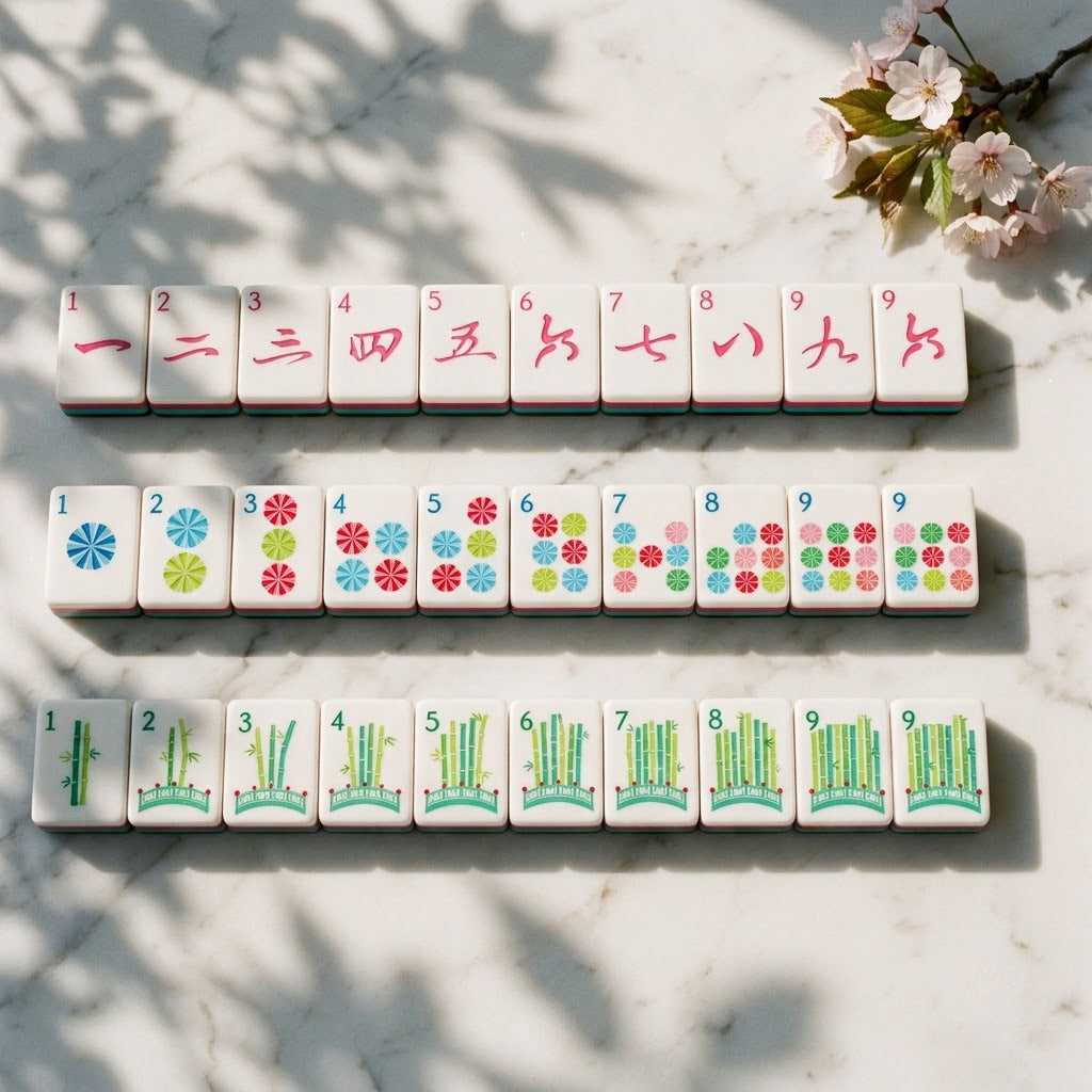 Stripe and Tortoise mahjong dot, bamboo and character suits in rows