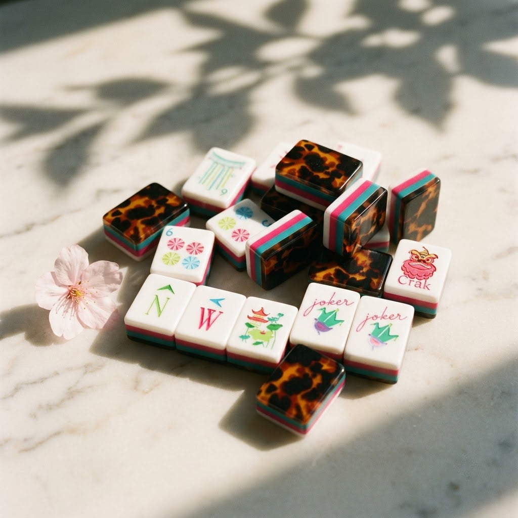 Stripe and Tortoise mahjong tiles scattered with a blossom