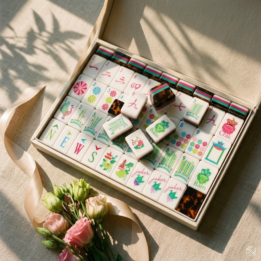 Complete Stripe and Tortoise mahjong set arranged in its case