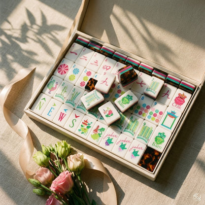 Complete Stripe and Tortoise mahjong set arranged in its case
