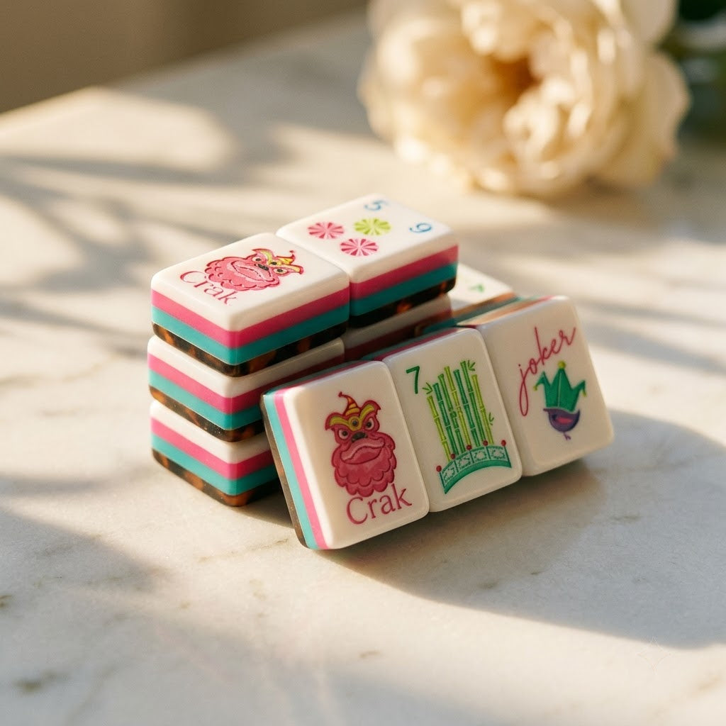 Stripe and Tortoise mahjong tiles showing tortoiseshell backs and striped edges