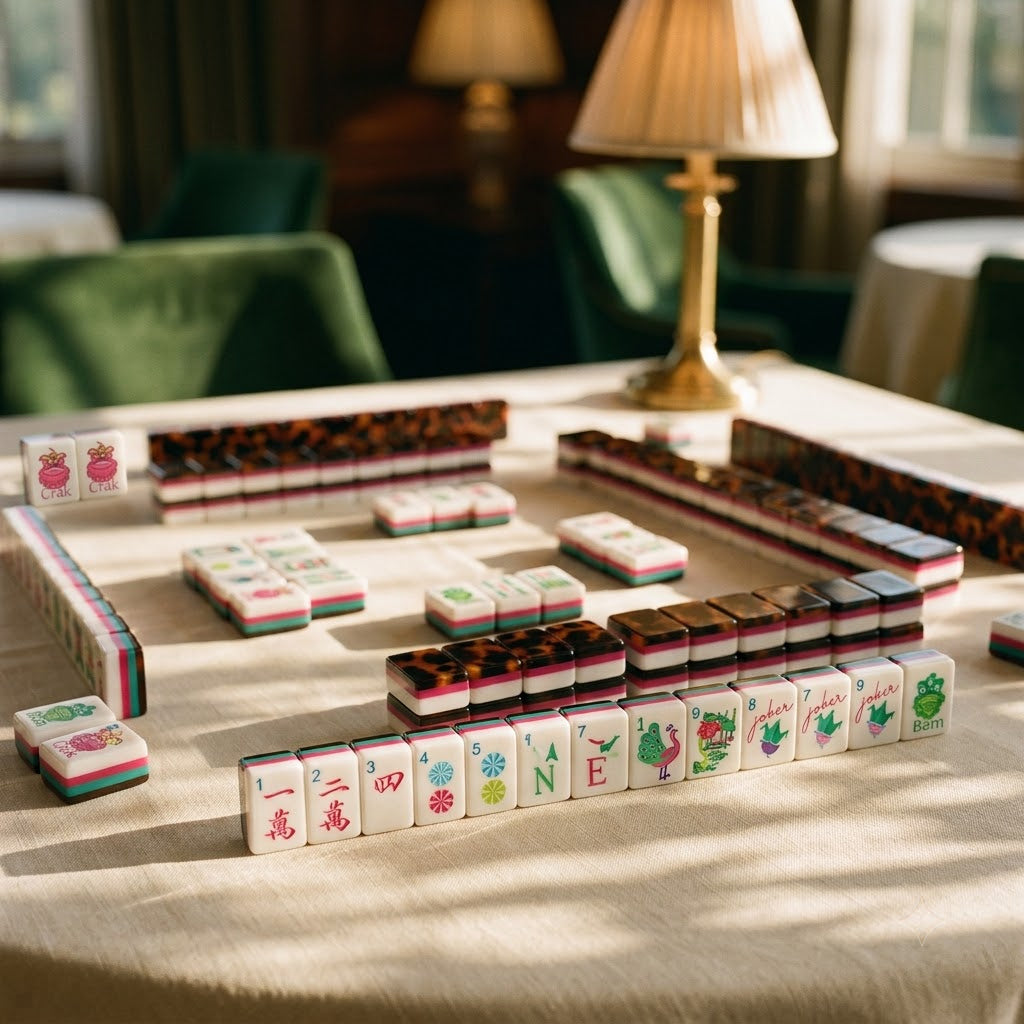 Stripe and Tortoise mahjong set in an elegant card room