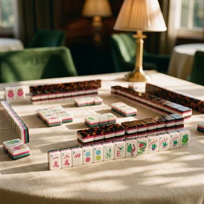 Stripe and Tortoise mahjong set in an elegant card room
