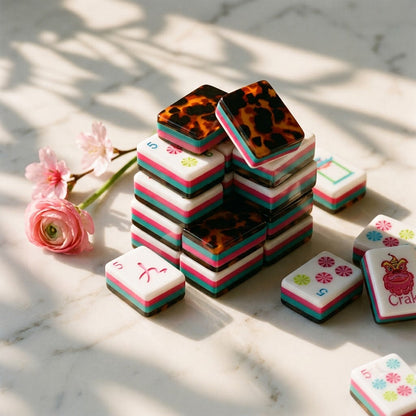 Stacks of Stripe and Tortoise mahjong tiles showing striped layered edges