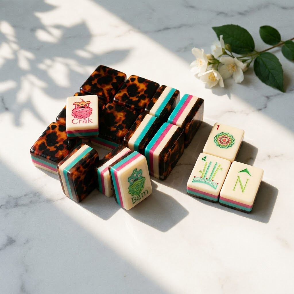 Stripe and Tortoise mahjong honor tiles with tortoiseshell stacks