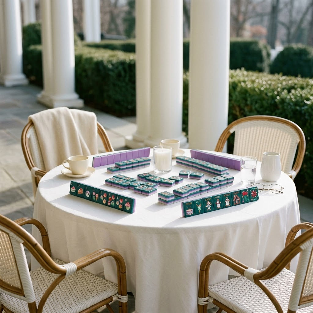 The set laid out on a white linen cloth on a sunlit country-club terrace